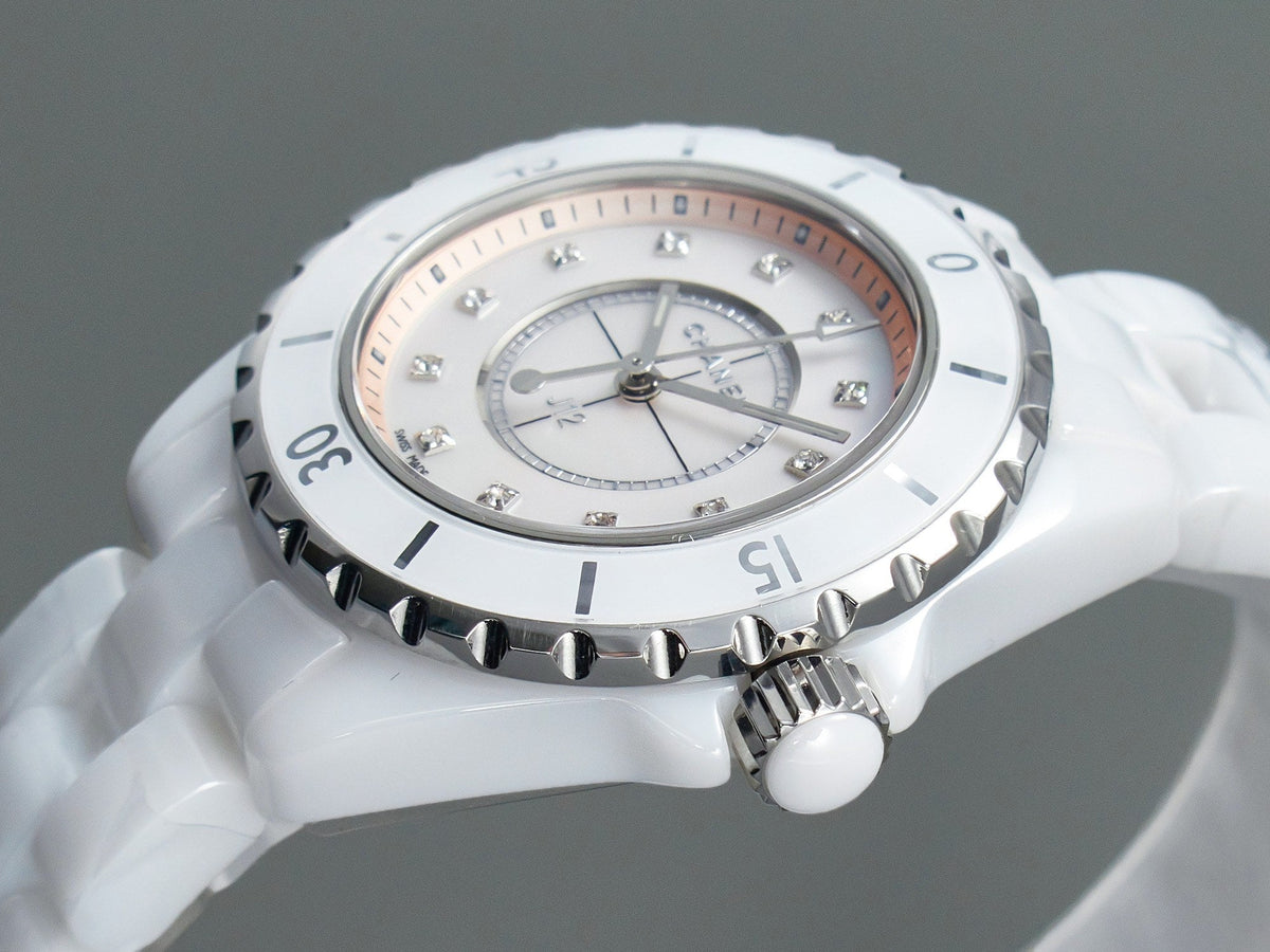 CHANEL J12 33mm Quartz White Ceramic Diamond Numerals Pink Mop Dial